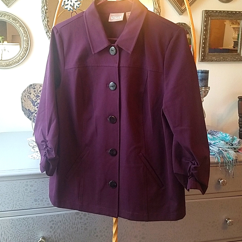 CHICO'S Lightweight Purple Jacket with Rouching on front & back of Sleeves.